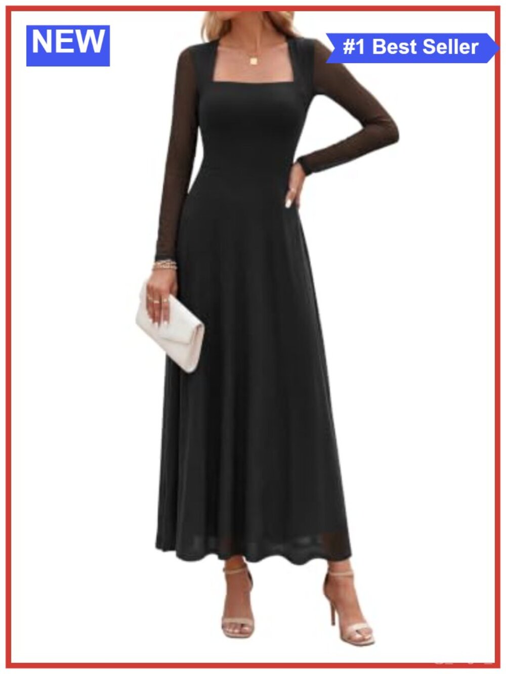 Women's Flowy Mesh A-Line Maxi Dress Square Neck Long Sleeve Formal